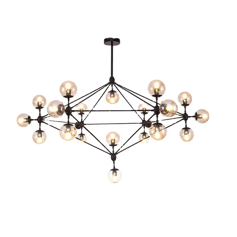 An industrial and modern minimalist combined molecular structure chandelier, featuring a cubic geometric frame made of black iron, paired with amber glass ball bulbs. It emits a warm and soft glow when lit, combining decorative appeal with practical illumination, ideal for creating a bold and avant-garde space atmosphere.