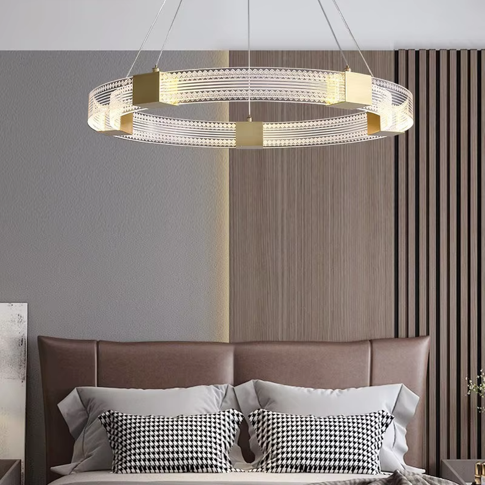 A modern light luxury style double-layer ring chandelier, decorated with gold metal squares and paired with diamond-textured transparent rings. The built-in LED strip emits a soft and brilliant glow when lit, combining decorative appeal with practical illumination, ideal for creating a high-end minimalist space atmosphere.