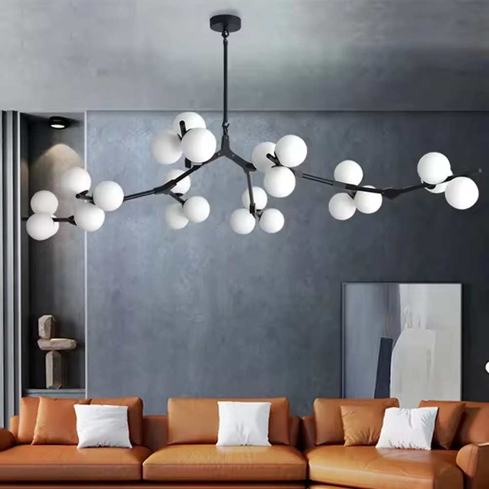 Modern Light Luxury Branch-Shaped Magic Bean Chandelier, Gold Metal Branch Frame with Milk White Spherical Shades, Serves Both Lighting and Decorative Purposes, Ideal for Living Rooms, Dining Rooms, Open Office Spaces, etc.
