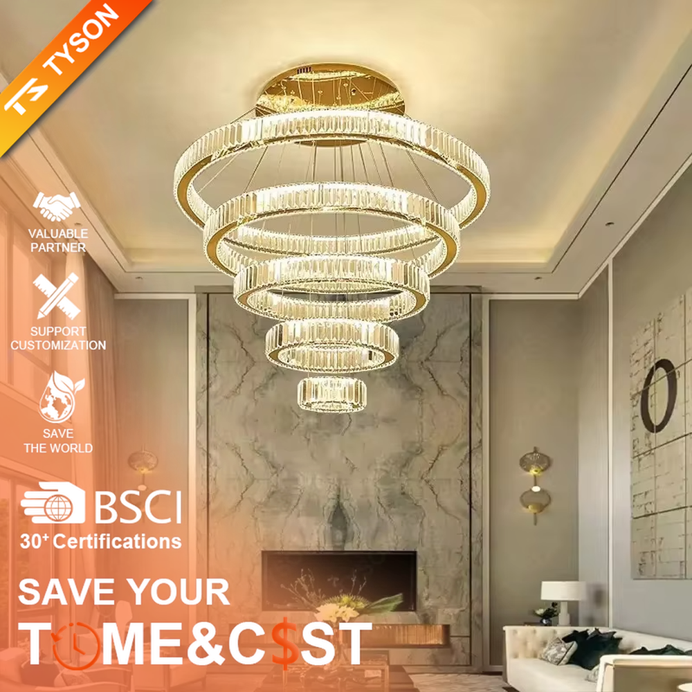 This is a light luxury multi-layer ring crystal chandelier, with a gold metal frame and high-transparency crystal strips, creating a brilliant and luxurious light effect through staggered ring structures, with both decorative and lighting functions, ideal for high-end indoor spaces such as villa living rooms and duplex high-ceiling spaces.