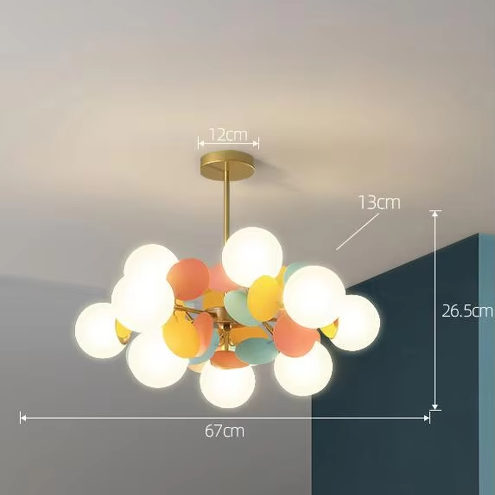 A modern art style branch chandelier, featuring a gold metal frame paired with colorful matte discs and milky white glowing spheres. It emits a soft and warm glow when lit, combining decorative appeal with practical illumination, ideal for creating a lively and soothing space atmosphere.