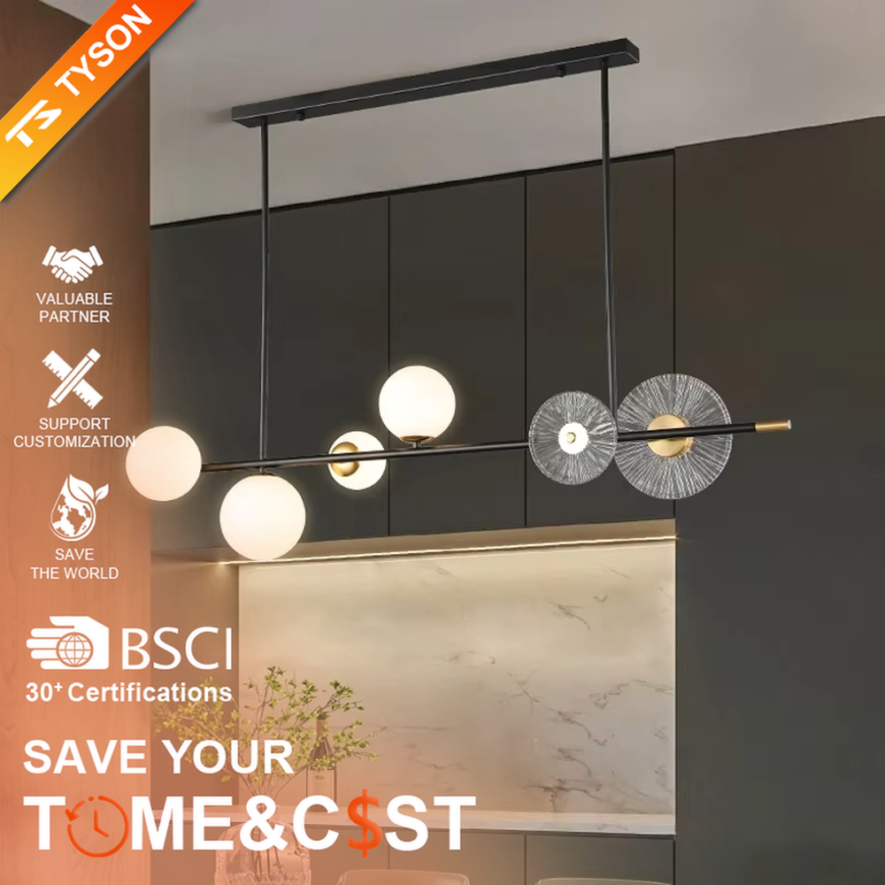 Modern light luxury black-gold contrasting linear chandelier, with a black metal frame paired with milky white glass ball lampshades and radial-pattern glass discs, featuring a minimalist and layered design, soft and uniform light, combining decorative and lighting functions, suitable for dining rooms, bars, open living rooms and other modern style spaces.