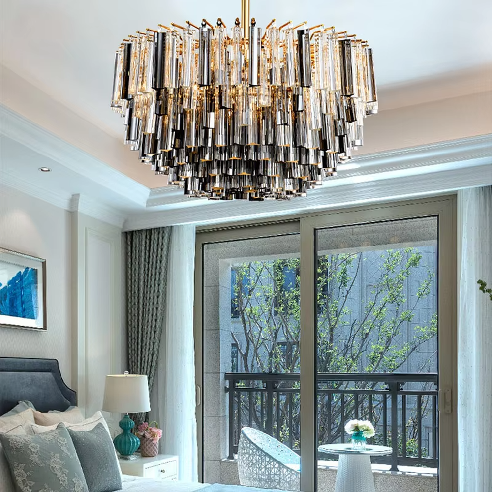 Modern Light Luxury Multi-layer Spherical Crystal Chandelier, Gold metal frame with layered transparent and black-gold crystal strips, serves both lighting and decorative purposes, ideal for living rooms, dining rooms, villas, hotel guest rooms and other light luxury spaces.