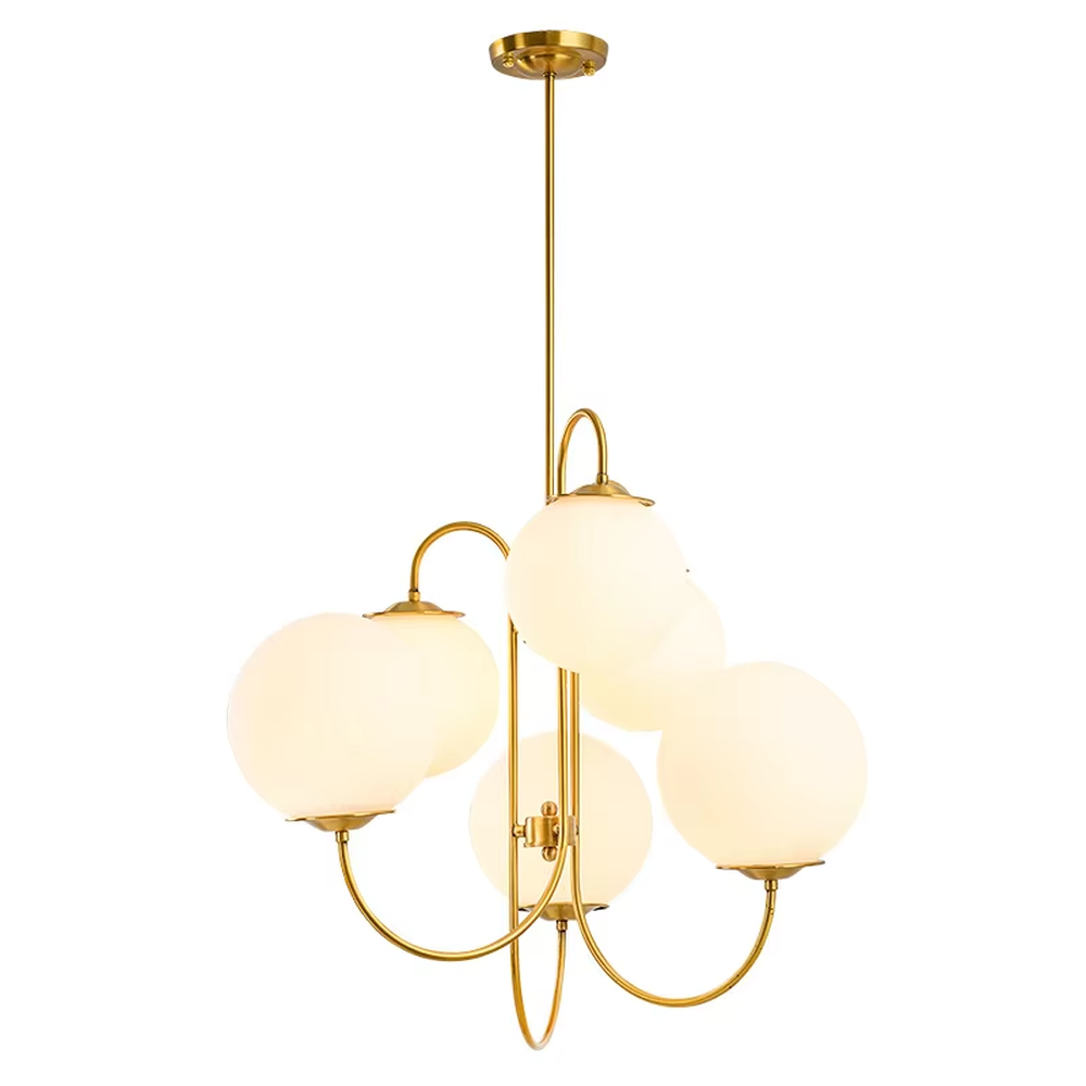 This light luxury golden cloud bubble chandelier features a gold curved metal frame paired with multiple white spherical frosted lampshades, with soft and uniform light, serving both lighting and decorative purposes, suitable for modern light luxury spaces such as living rooms and dining rooms.
