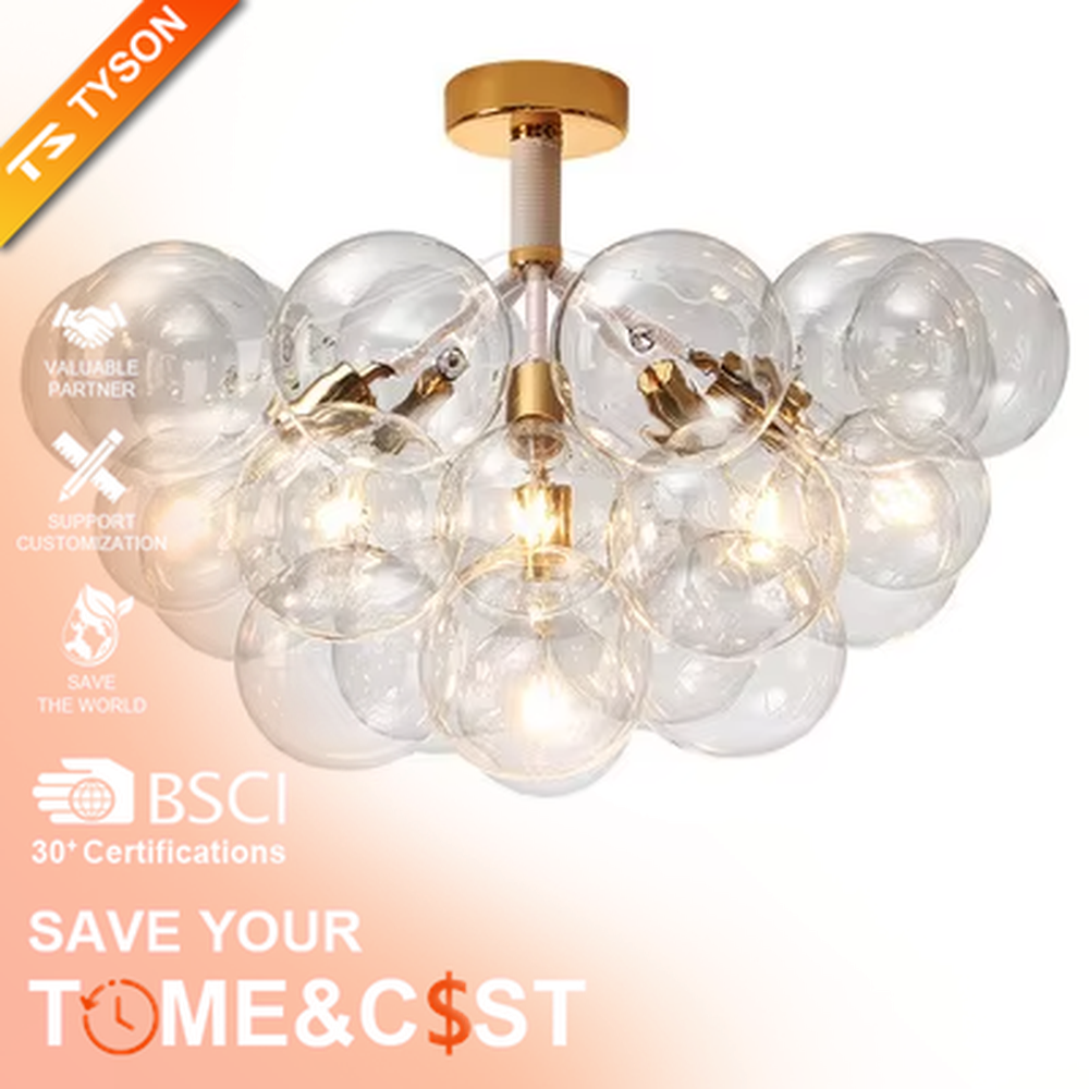 Modern light luxury bubble glass semi-flush mount ceiling light, with a golden base paired with transparent glass ball lampshades stacked into a cloud shape, featuring transparent and soft light, combining decorative and lighting functions, suitable for living rooms, bedrooms and other modern style spaces.