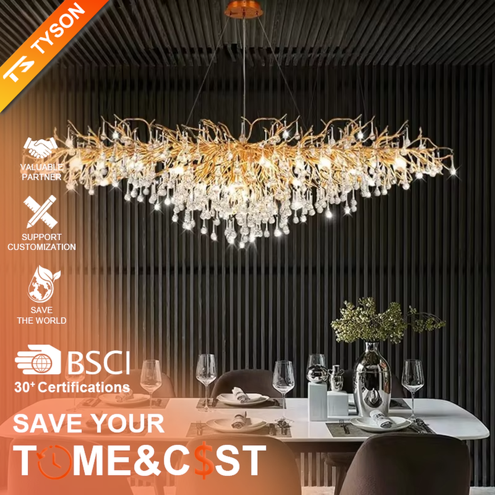 This light luxury golden branch crystal rain linear chandelier features a bionic branch structure made of gold metal, paired with crystal water drop pendants, with brilliant and soft light, serving both lighting and decorative purposes, suitable for modern light luxury spaces such as dining rooms and living rooms.