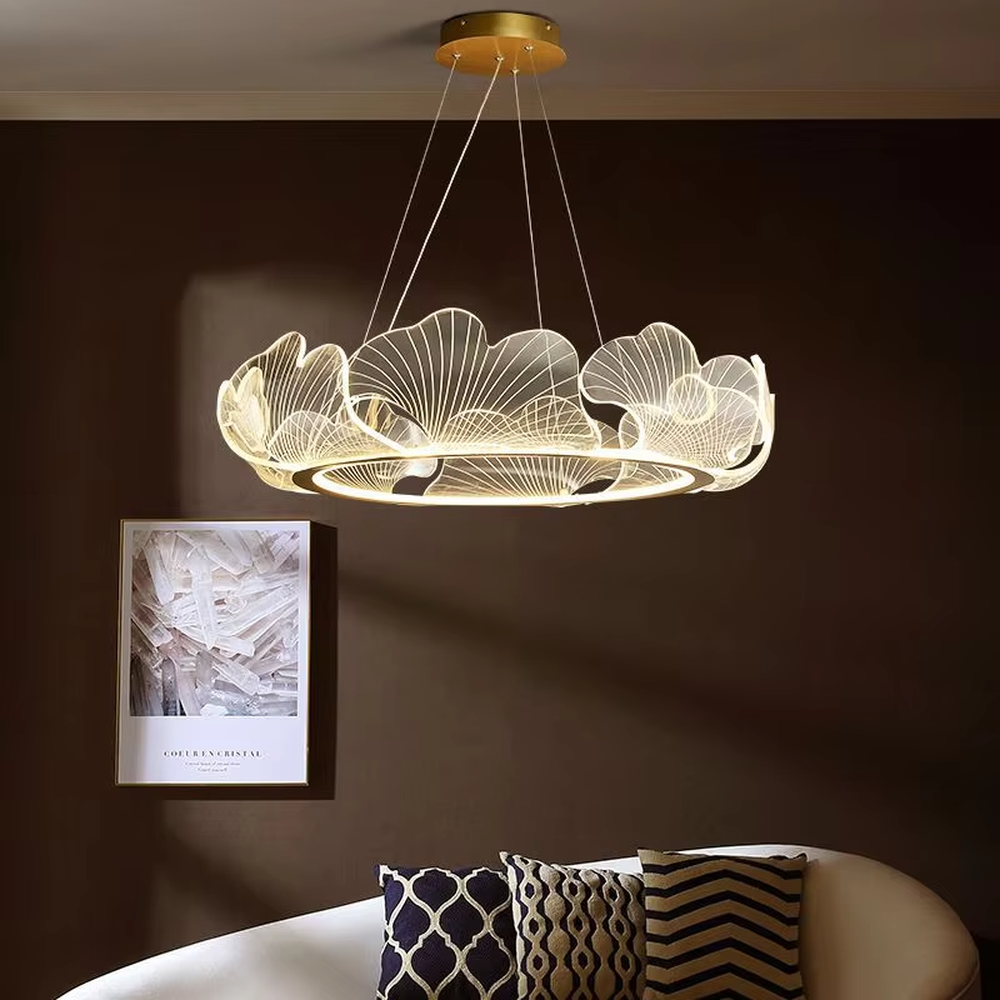 A new Chinese light luxury style ring chandelier, inspired by ginkgo leaves, crafted with a metal frame and translucent ginkgo leaf-shaped panels. It emits a soft and warm glow when lit, combining artistic decoration with lighting functionality, ideal for creating an elegant and poetic space atmosphere.