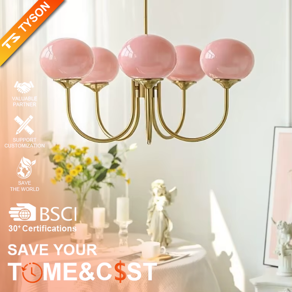 French light luxury peach pink gradient glass ball chandelier, with a golden metal frame paired with pink-orange gradient glass ball lampshades, featuring a soft and sweet shape, warm and gentle light, combining decorative and lighting functions, suitable for bedrooms, children's rooms, girlish heart spaces and other light luxury style scenarios.