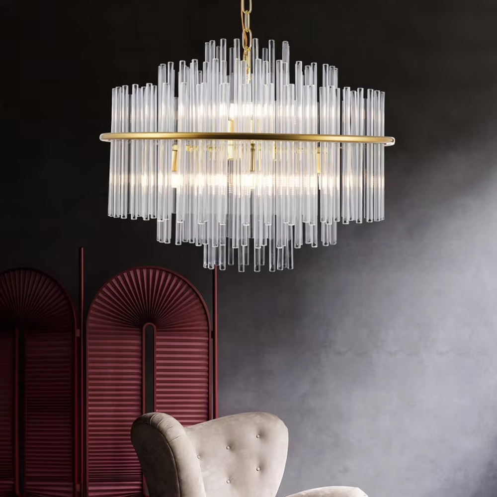 Modern Light Luxury Round Crystal Strip Chandelier, Gold metal ring frame with suspended transparent crystal strips, serves both lighting and decorative purposes, ideal for dining rooms, living rooms, hotel lobbies, high-end clubs, etc.
