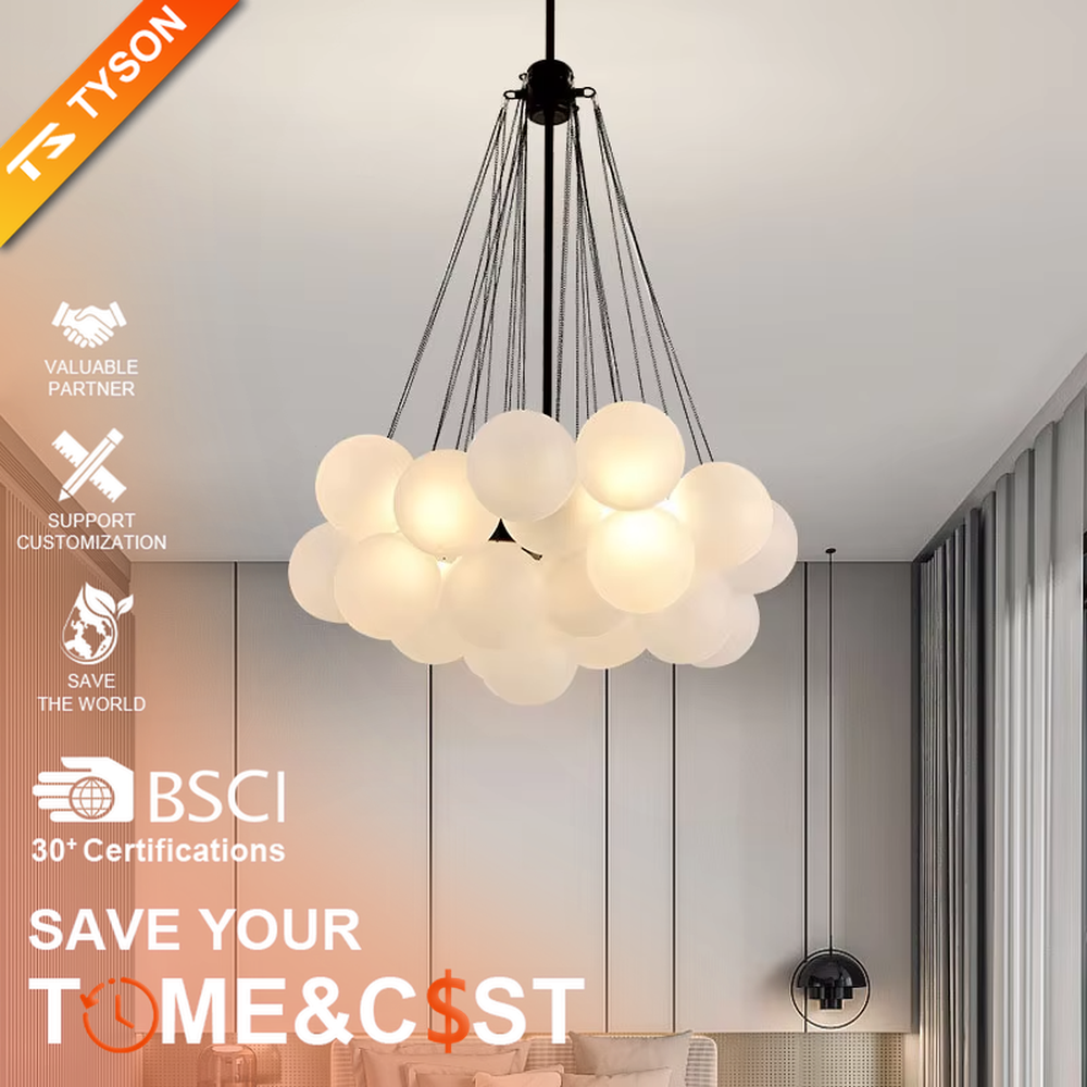 Modern light luxury cloud-shaped chandelier, with a golden metal frame and milky white glass ball lampshades stacked into a full cloud shape, featuring soft and warm light, combining decorative and lighting functions, suitable for living rooms, dining rooms, bedrooms and other modern style spaces.