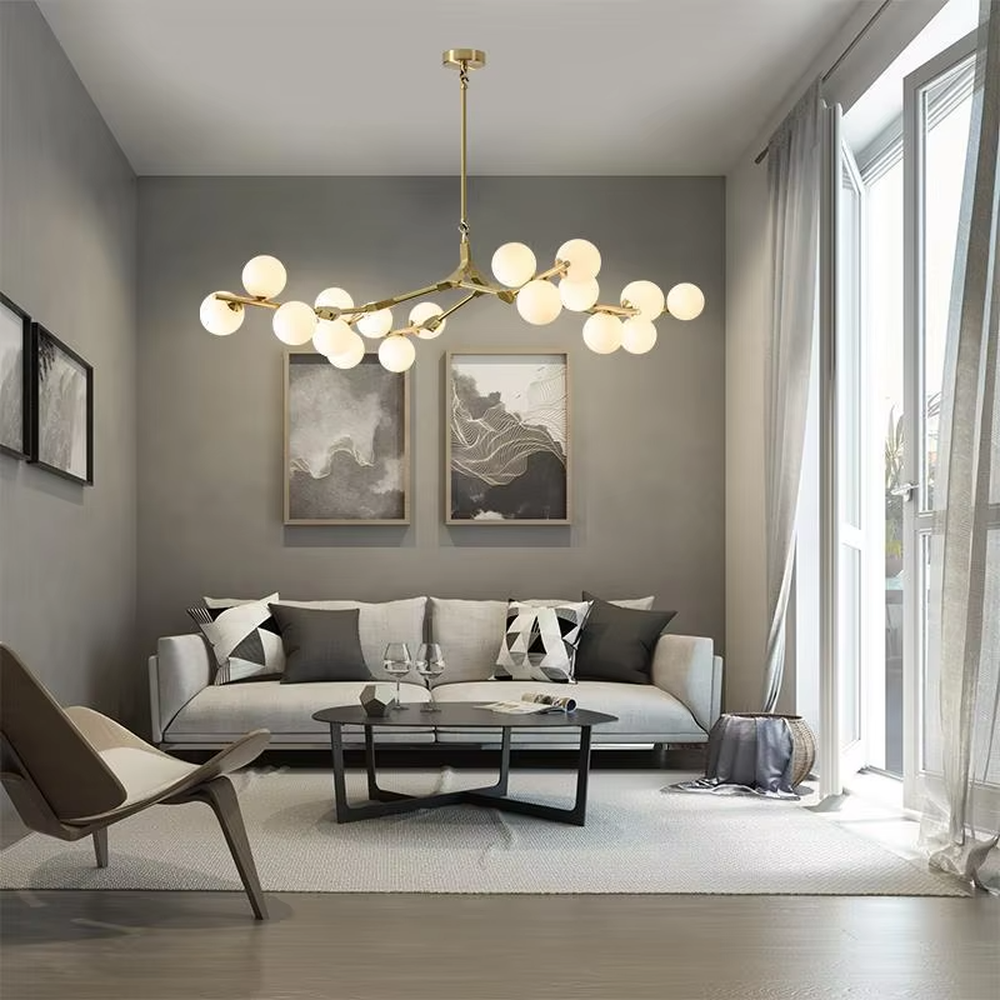 Modern Light Luxury Branch-Shaped Magic Bean Chandelier, Gold Metal Branch Frame with Milk White Spherical Shades, Serves Both Lighting and Decorative Purposes, Ideal for Living Rooms, Dining Rooms, Open Office Spaces, etc.