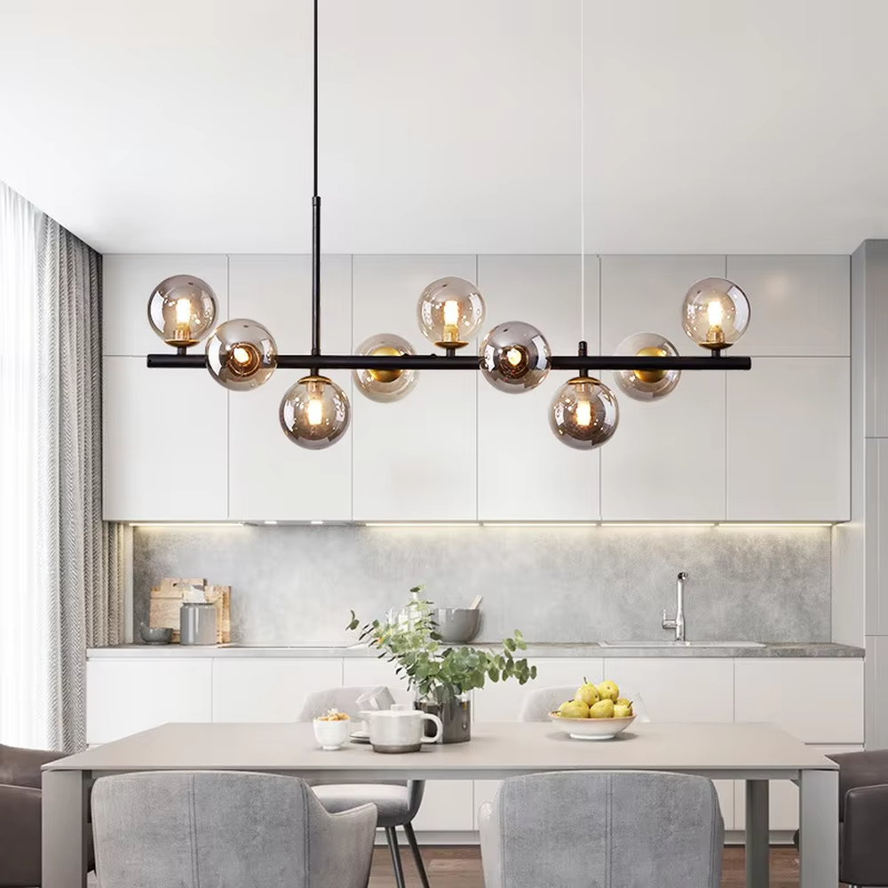 Modern minimalist long strip molecular ball chandelier, with a black and gold metal long rod and milky white glass ball lampshades, featuring a flexible and lightweight linear molecular structure, soft and uniform light, combining decorative and lighting functions, suitable for dining rooms, bars, living rooms and other modern style spaces.