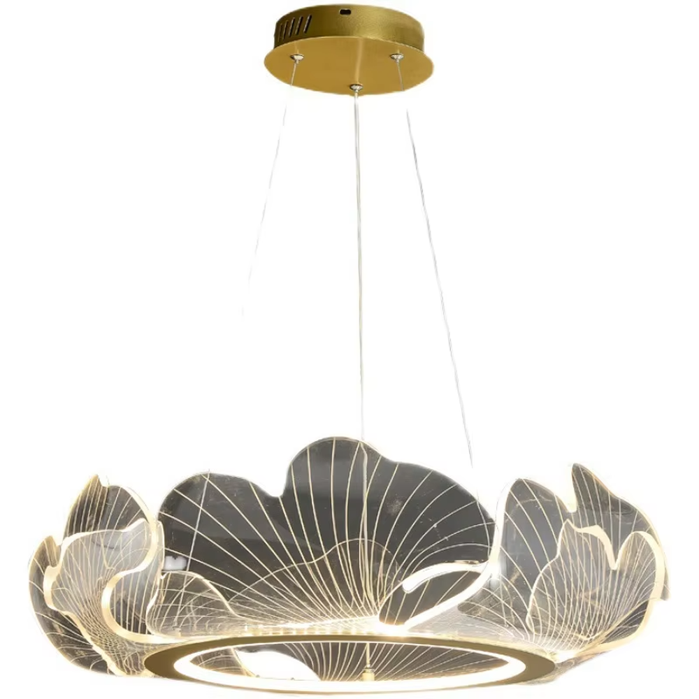 A new Chinese light luxury style ring chandelier, inspired by ginkgo leaves, crafted with a metal frame and translucent ginkgo leaf-shaped panels. It emits a soft and warm glow when lit, combining artistic decoration with lighting functionality, ideal for creating an elegant and poetic space atmosphere.