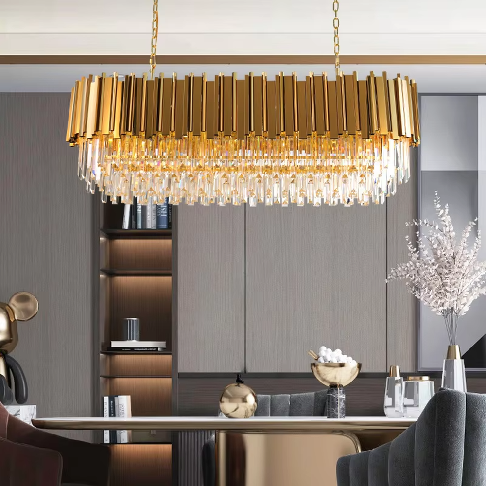 This light luxury black-gold contrasting crystal chandelier features a black-gold metal frame paired with dense faceted crystal pendant strips, with brilliant and luxurious light, serving both lighting and decorative purposes, suitable for modern light luxury high-end spaces such as living rooms and dining rooms.