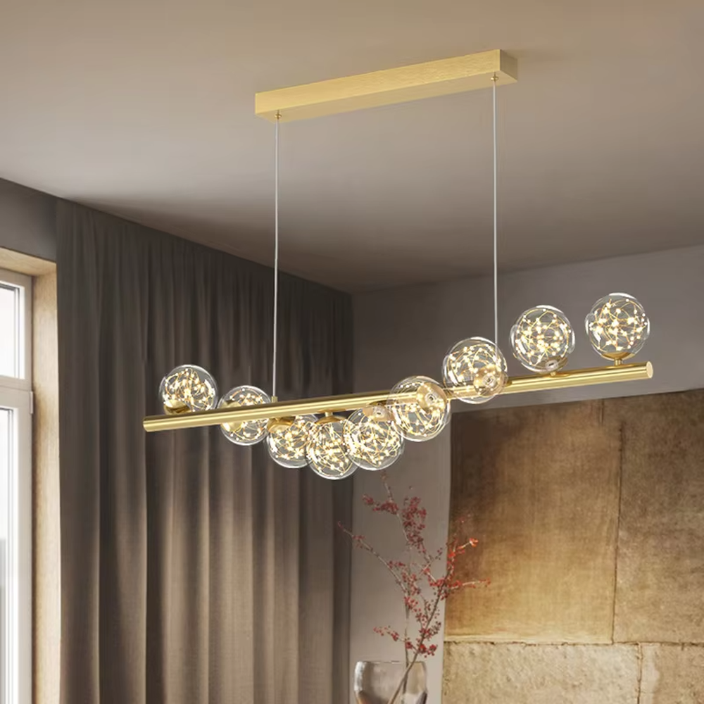 Modern light luxury golden linear molecular ball chandelier, with a golden metal frame and staggered milky white glass ball lampshades, featuring soft and uniform light, combining decorative and lighting functions, suitable for dining rooms, bars, open kitchens and other modern style spaces.