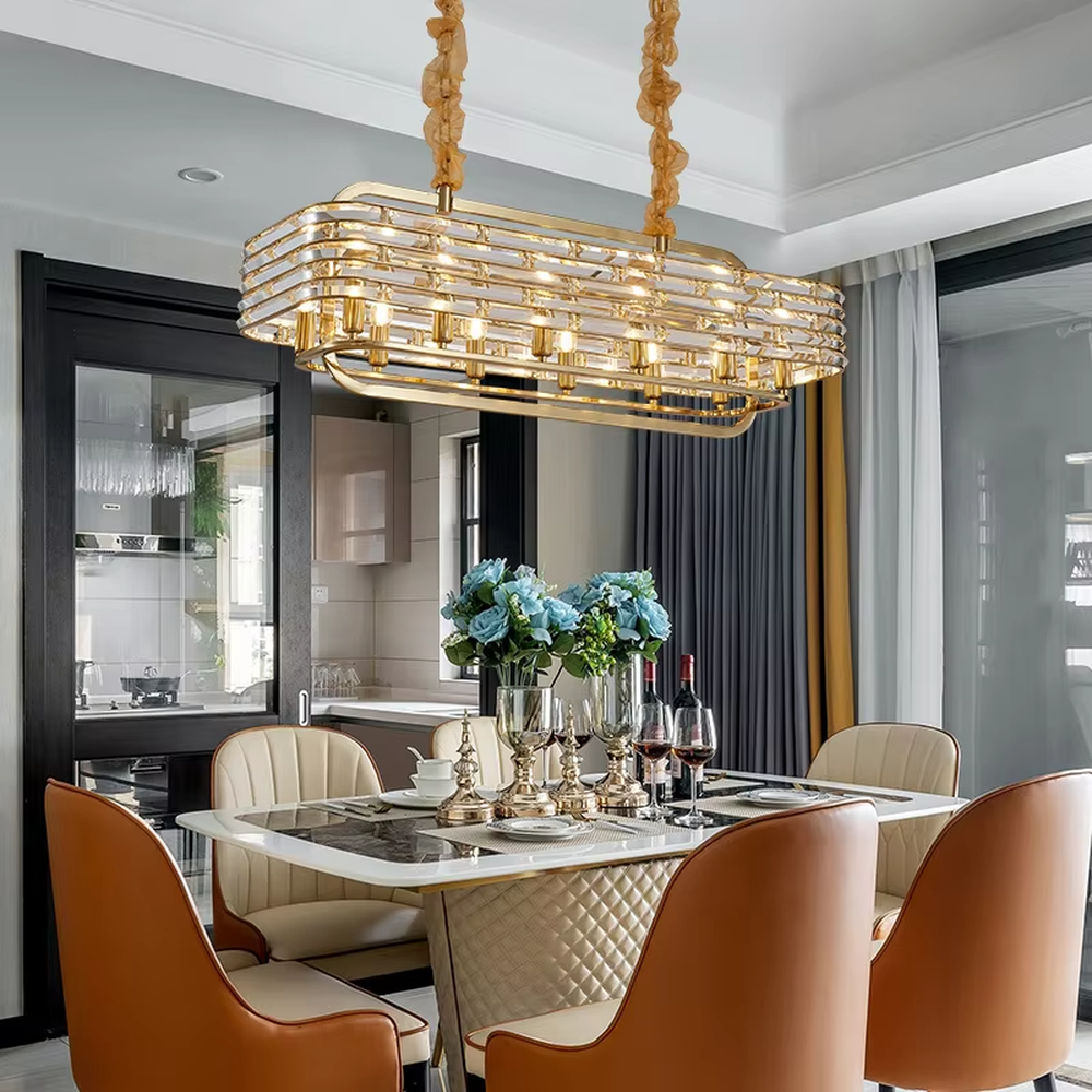 Modern Light Luxury Rectangular Layered Crystal Chandelier, Gold metal frame with multi-layer transparent crystal strips, serves both lighting and decorative purposes, ideal for dining rooms, living rooms, villas and other light luxury spaces.