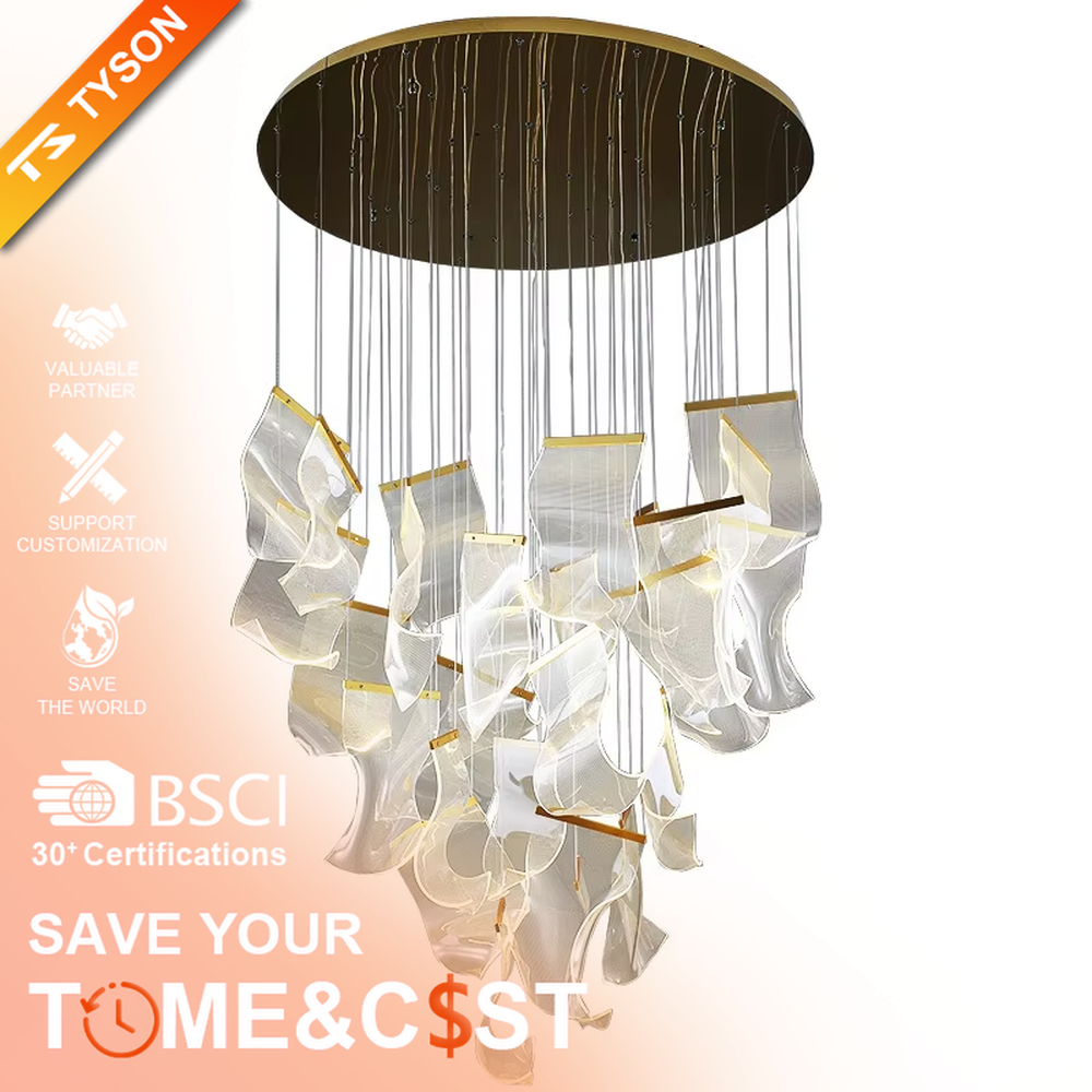 A modern light luxury style layered art chandelier, featuring irregularly folded transparent glass panels suspended by thin wires, with gold trim on the edges. It emits a soft and transparent glow when lit, combining decorative appeal with practical illumination, ideal for creating a high-end and dreamy space atmosphere.
