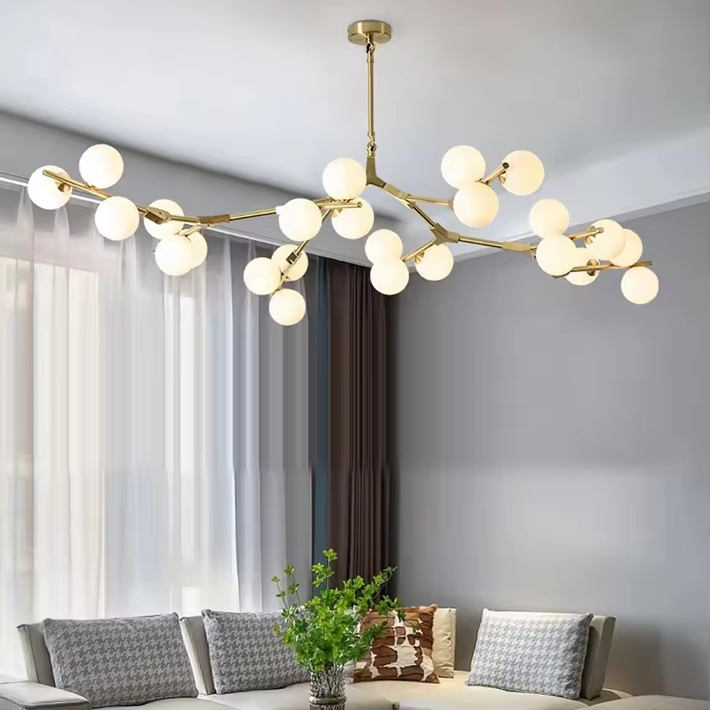 Modern Light Luxury Branch-Shaped Magic Bean Chandelier, Gold Metal Branch Frame with Milk White Spherical Shades, Serves Both Lighting and Decorative Purposes, Ideal for Living Rooms, Dining Rooms, Open Office Spaces, etc.