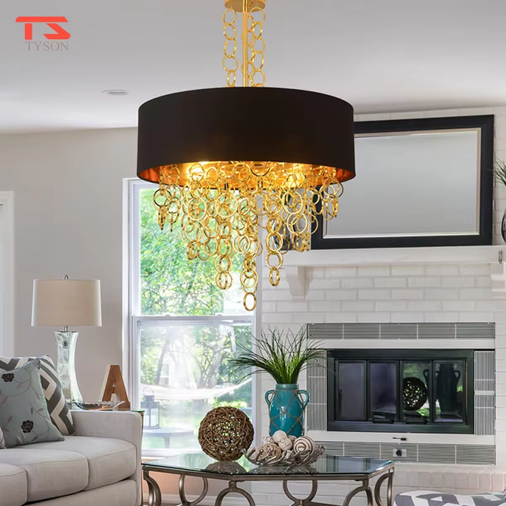 Modern light luxury black-gold ring tassel chandelier, with a black fabric lampshade paired with golden metal ring tassel design, featuring luxurious and soft light, combining decorative and lighting functions, suitable for living rooms, dining rooms, hotels and clubs in light luxury style.