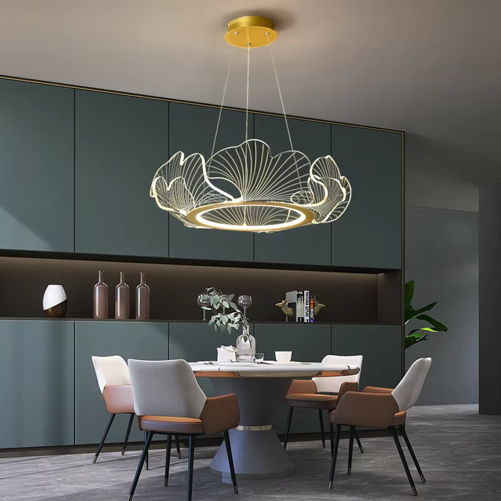 A new Chinese light luxury style ring chandelier, inspired by ginkgo leaves, crafted with a gold metal frame and translucent ginkgo leaf-shaped panels. It emits a soft and warm glow when lit, combining artistic decoration with lighting functionality, ideal for creating an elegant and poetic space atmosphere.
