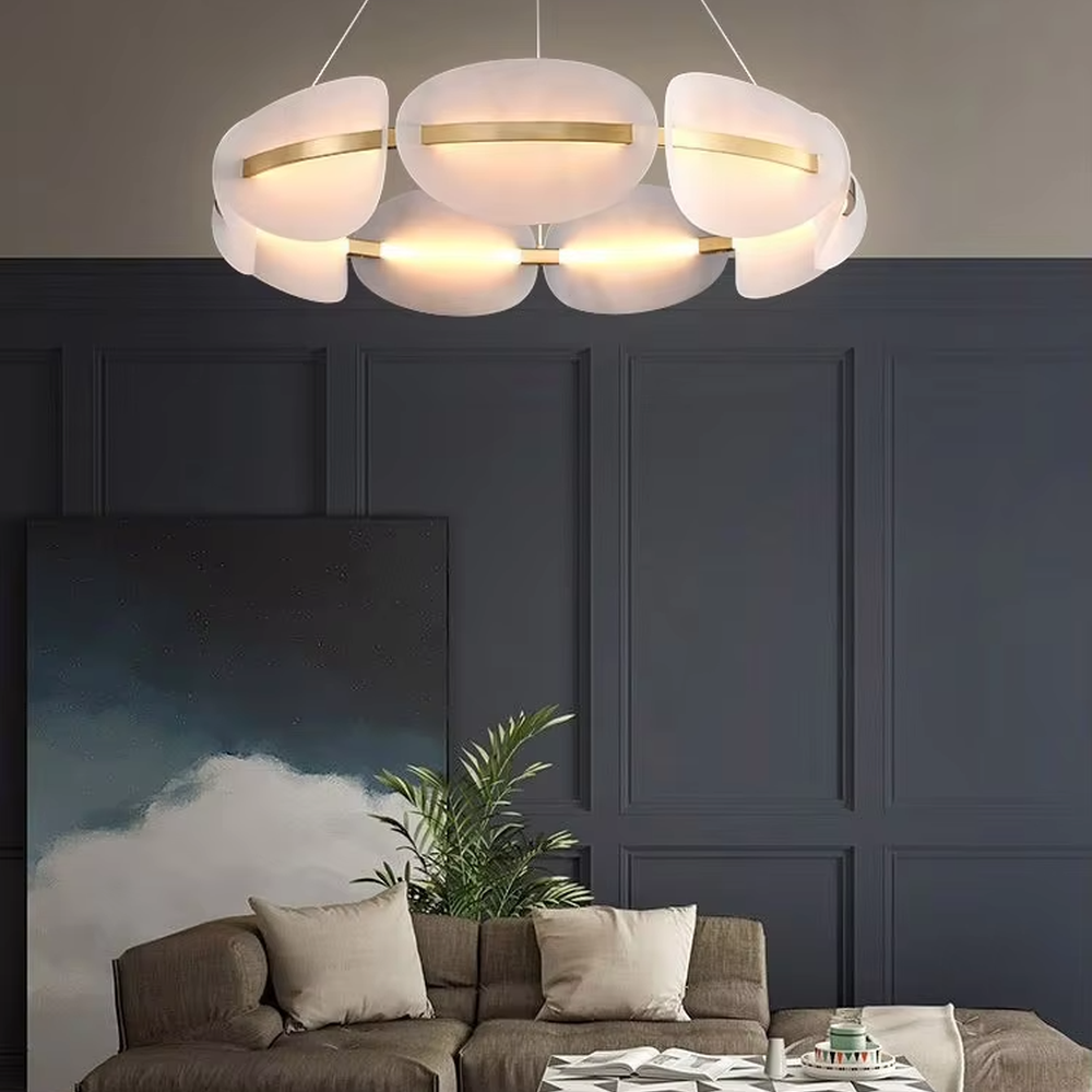 Modern light luxury ring petal chandelier, crafted with frosted acrylic petal-shaped lampshades and accented with gold metal lines. It emits soft and even light, combining artistry and ambiance, making it a decorative lighting fixture that elevates the space's style.