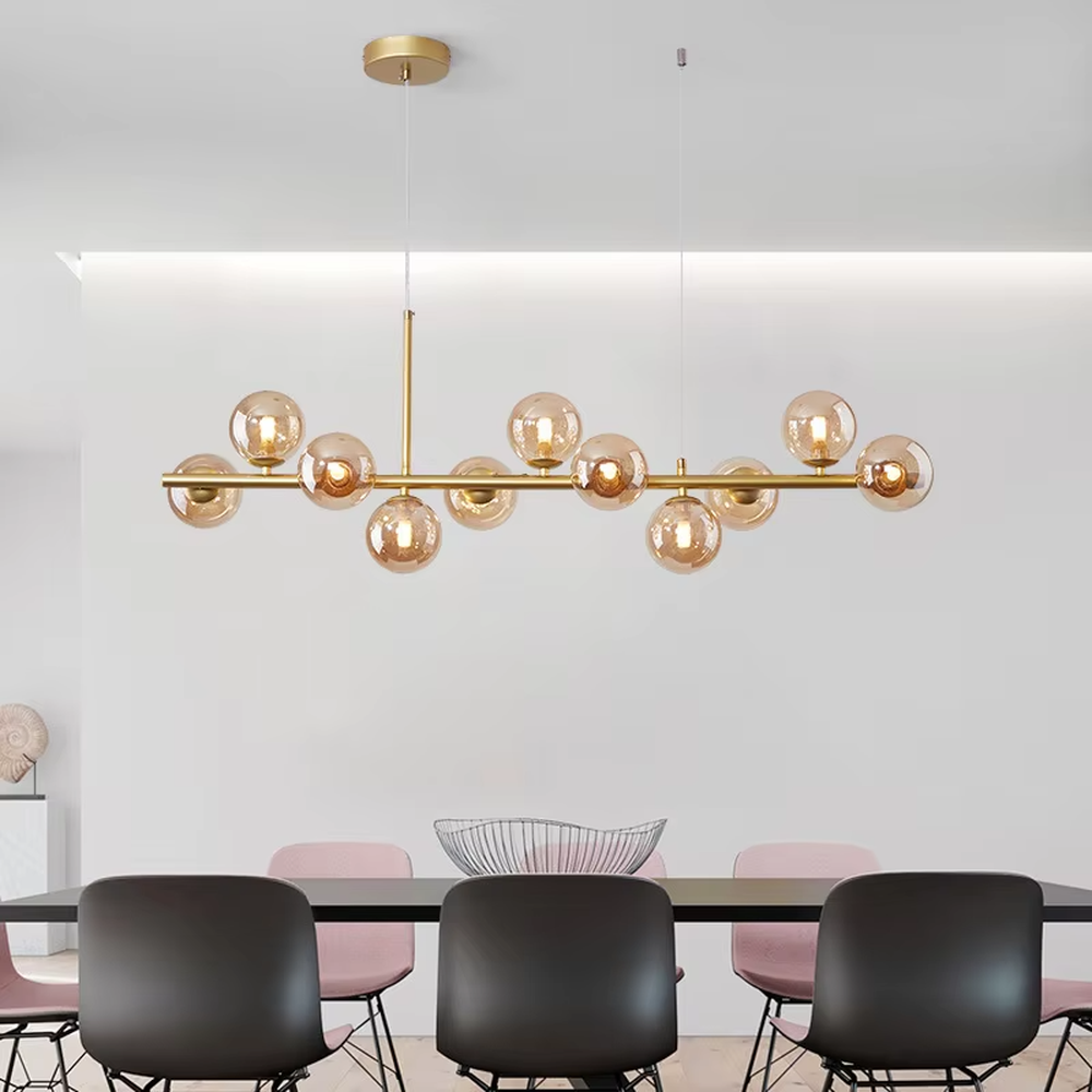 Modern light luxury golden linear molecular ball chandelier, with a golden metal frame paired with staggered milky white glass ball lampshades, featuring soft and uniform light, combining decorative and lighting functions, suitable for dining rooms, bars, open kitchens and other modern style spaces.
