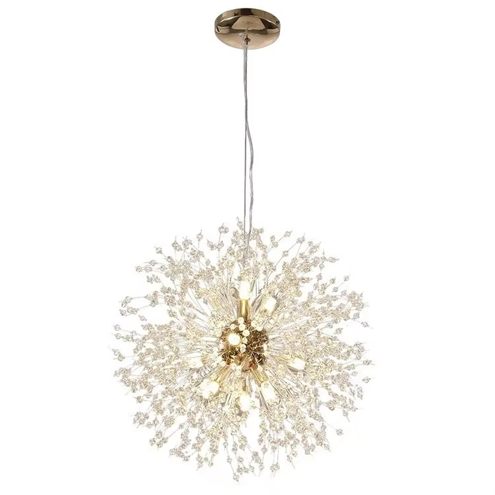 This is a modern light luxury dandelion firework-shaped chandelier, featuring a gold metal core paired with radial crystal branches, as brilliant and dynamic as a blooming firework. It emits soft and warm light, serving both lighting and artistic decoration purposes, suitable for light luxury dining rooms, open kitchen islands, bars, internet-famous homestays and other scenarios.