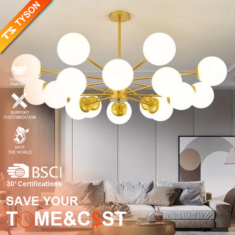 Modern light luxury starry sky molecular ball chandelier, with a golden metal frame paired with milky white frosted glass ball lampshades, shaped like a cluster of interstellar molecules, featuring soft and uniform light, combining decorative and lighting functions, suitable for living rooms, dining rooms, light luxury style spaces.