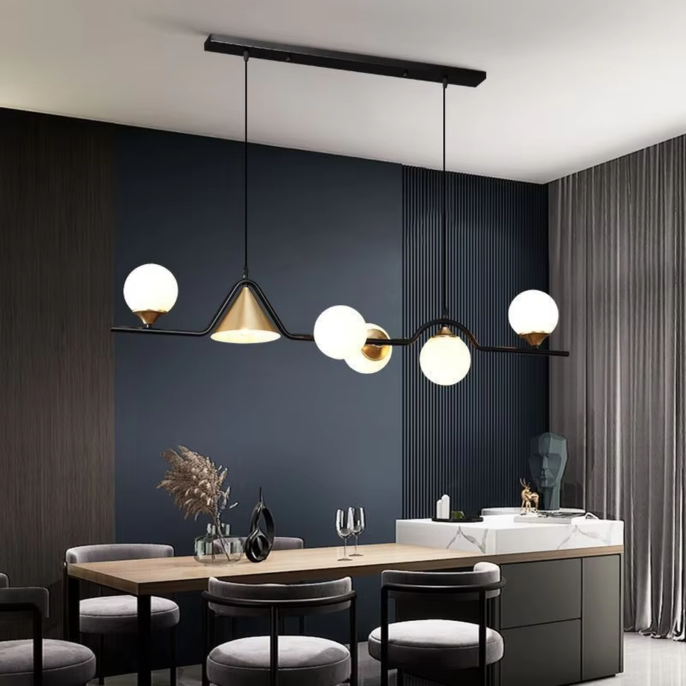 Modern light luxury black-gold contrasting linear chandelier, with a black metal frame paired with milky white glass ball lampshades and a golden conical lampshade, featuring flexible and irregular lines, combining decorative and lighting functions, suitable for dining rooms, bars, open living rooms and other modern style spaces.