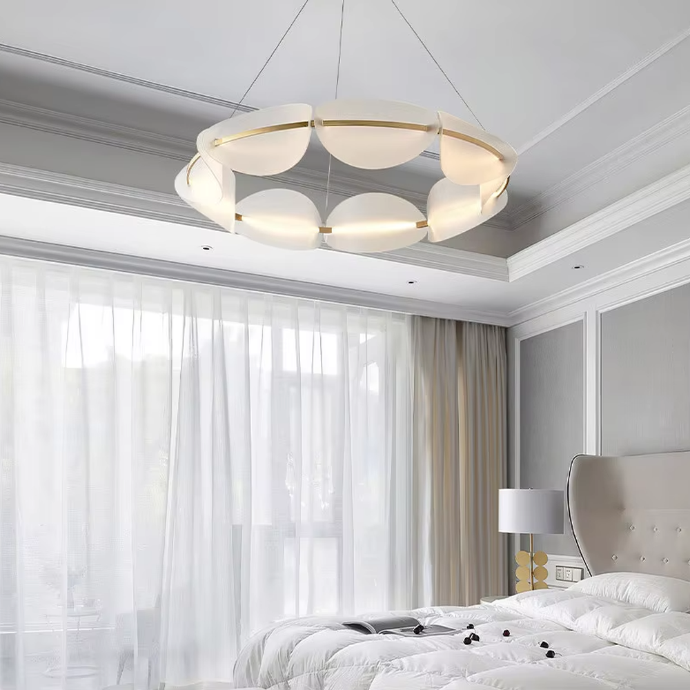 Modern light luxury ring petal chandelier, crafted with frosted acrylic petal-shaped lampshades and accented with gold metal lines. It emits soft and even light, combining artistry and ambiance, making it a decorative lighting fixture that elevates the space's style.