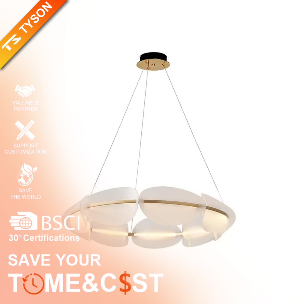 Modern light luxury ring petal chandelier, crafted with frosted acrylic petal-shaped lampshades and accented with gold metal lines. It emits soft and even light, combining artistry and ambiance, making it a decorative lighting fixture that elevates the space's style.