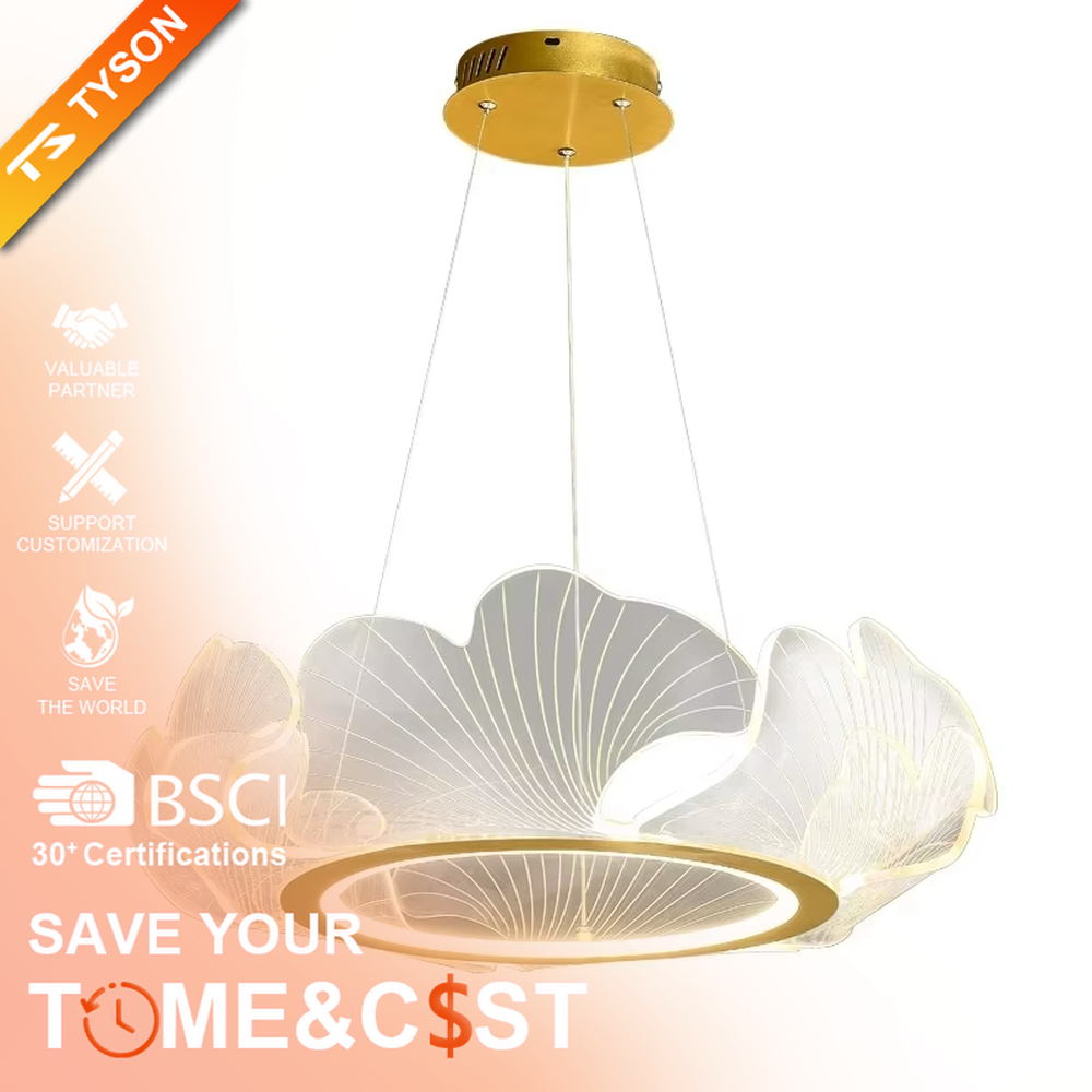 A new Chinese light luxury style ring chandelier, inspired by ginkgo leaves, crafted with a gold metal frame and translucent ginkgo leaf-shaped panels. It emits a soft and warm glow when lit, combining artistic decoration with lighting functionality, ideal for creating an elegant and poetic space atmosphere.
