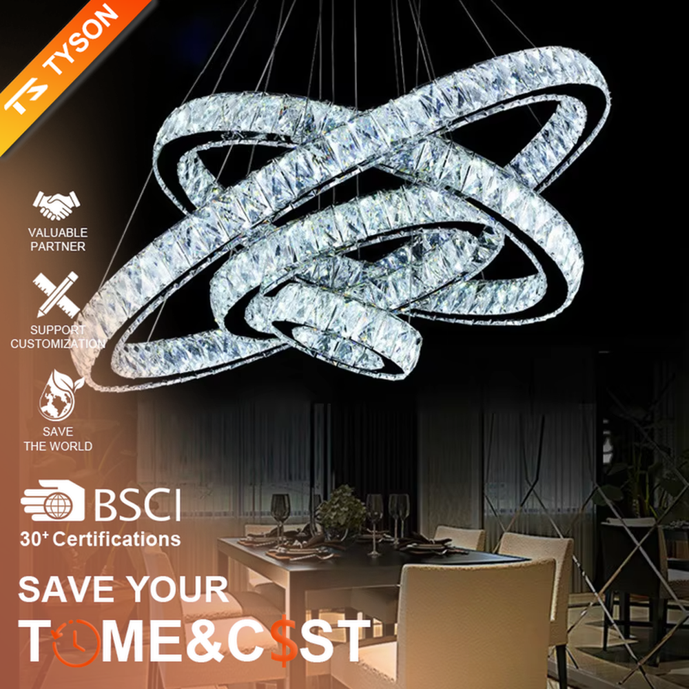 This light luxury black-gold interlaced ring crystal chandelier features a multi-layer flowing ring shape made of metal frames and crystal strips, with light refracting a brilliant halo through the crystals, serving both lighting and decorative purposes, suitable for modern light luxury spaces such as living rooms and dining rooms.