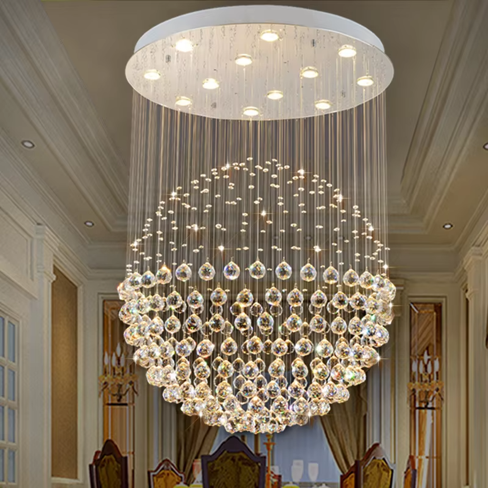 This light luxury crystal ball pendant chandelier features a circular metal base paired with metal wires and dense crystal balls, forming a full spherical shape, with dazzling light, serving both lighting and decorative purposes, suitable for high-end residential spaces such as high-ceiling living rooms and villas.
