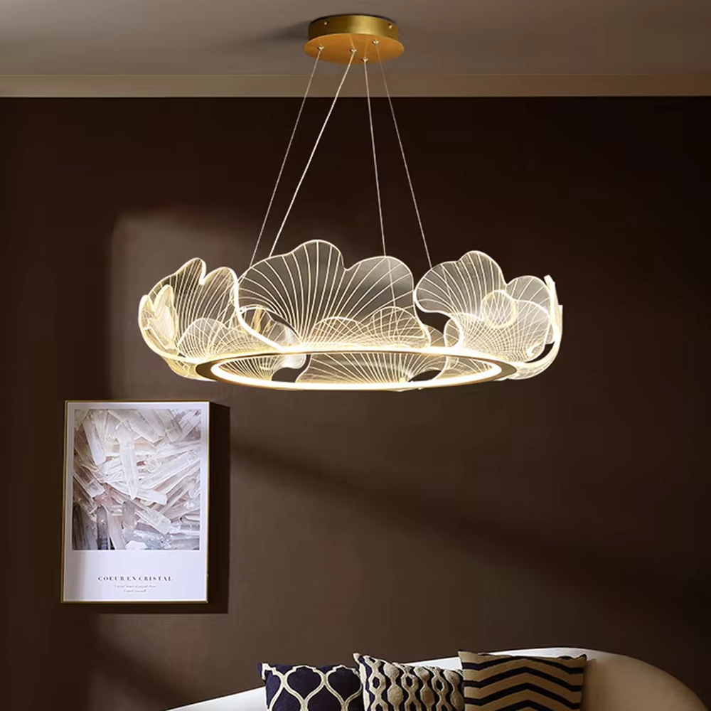 A new Chinese light luxury style ring chandelier, inspired by ginkgo leaves, crafted with a metal frame and translucent ginkgo leaf-shaped panels. It emits a soft and warm glow when lit, combining artistic decoration with lighting functionality, ideal for creating an elegant and poetic space atmosphere.