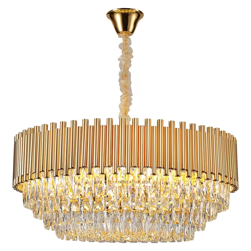 This light luxury double-layer oval chandelier consists of upper gold metal vertical strips and lower faceted crystal pendants. Light refracts through the crystals to emit a brilliant glow, serving both lighting and decorative purposes, suitable for high-end spaces such as villa living rooms and light luxury dining rooms.