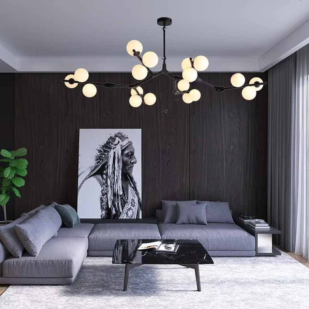 Modern Light Luxury Branch-Shaped Magic Bean Chandelier, Gold Metal Branch Frame with Milk White Spherical Shades, Serves Both Lighting and Decorative Purposes, Ideal for Living Rooms, Dining Rooms, Open Office Spaces, etc.