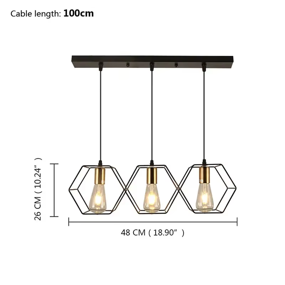 An industrial style 5-head linear chandelier, featuring geometric cage lampshades made of dark brown metal paired with vintage filament bulbs. Its linear arrangement combines decorative appeal with practical illumination, ideal for creating a bold and rugged space atmosphere.