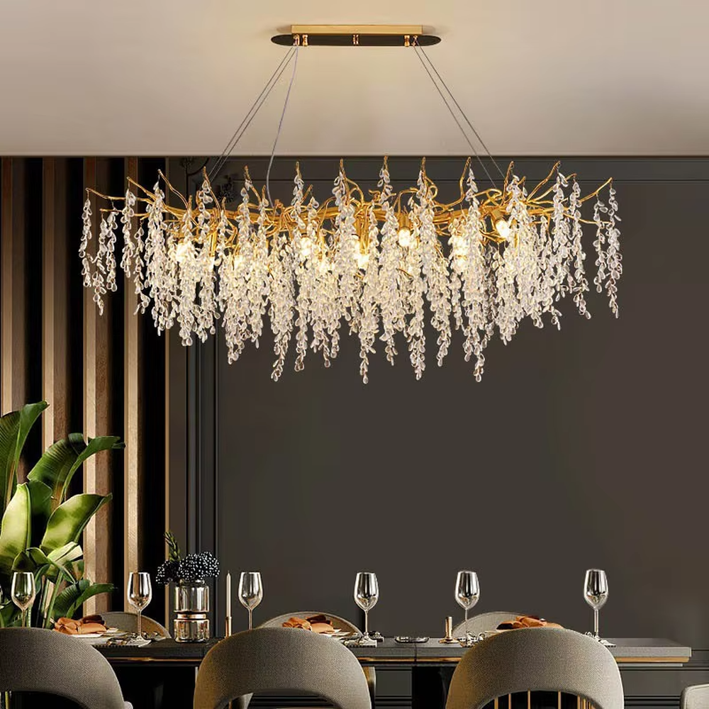 Modern Luxury Branch-Shaped Crystal Chandelier, Gold Metal Frame with Cascading Crystal Tassels, Serves Both Lighting and Decorative Purposes, Ideal for Dining Rooms, Living Rooms, Villas, High-End Clubs, etc.