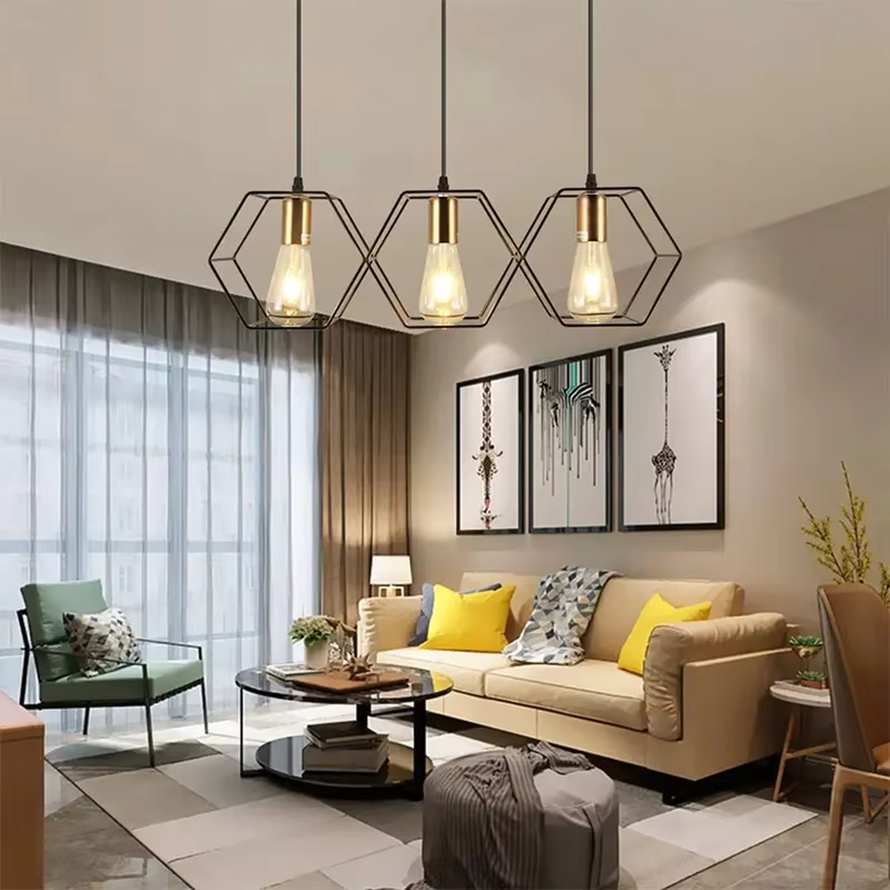 An industrial style 5-head linear chandelier, featuring geometric cage lampshades made of dark brown metal paired with vintage filament bulbs. Its linear arrangement combines decorative appeal with practical illumination, ideal for creating a bold and rugged space atmosphere.