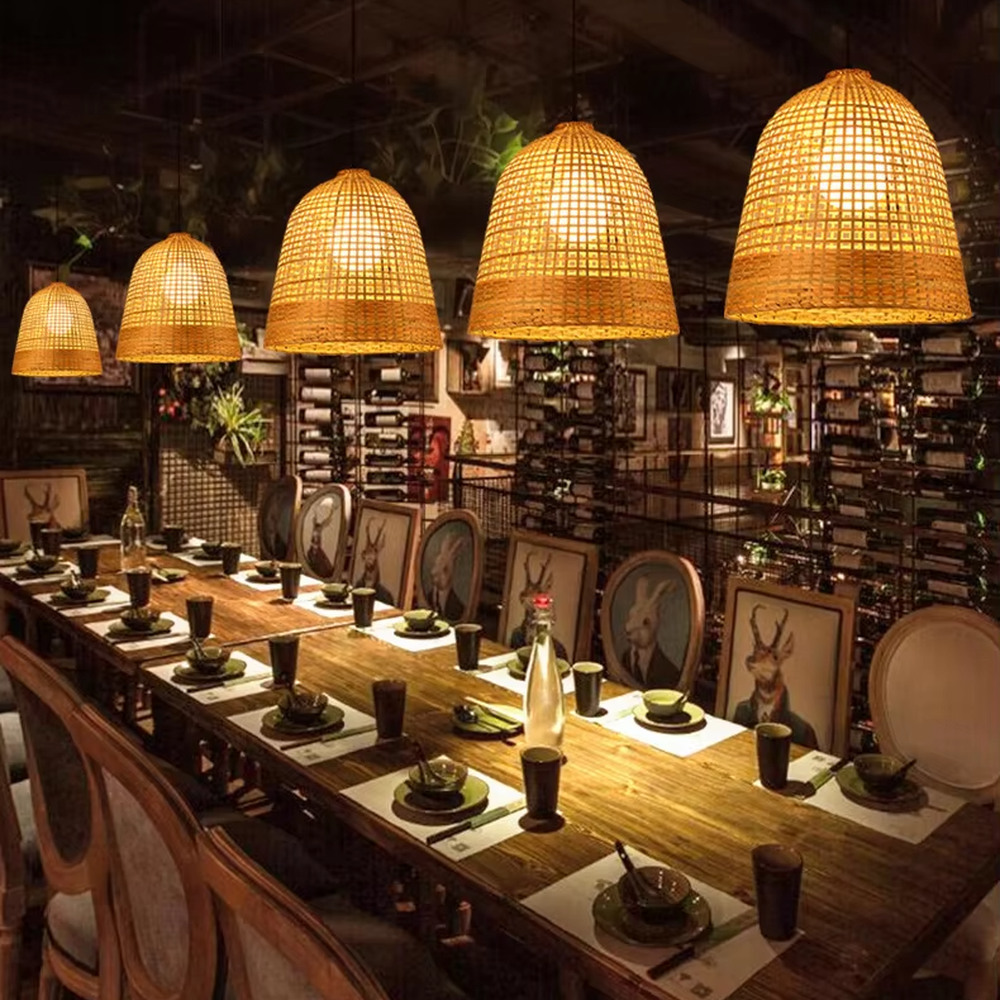 This new Chinese-style multi-layer bamboo woven lantern chandelier is made of natural bamboo strips woven into a hollow lantern shape. Warm light refracts a soft halo through the bamboo texture, serving both lighting and decorative purposes, suitable for natural-style spaces such as tea rooms and restaurants.