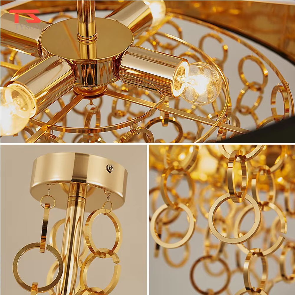 Modern light luxury black-gold ring tassel chandelier, with a black fabric lampshade paired with golden metal ring tassel design, featuring luxurious and soft light, combining decorative and lighting functions, suitable for living rooms, dining rooms, hotels and clubs in light luxury style.