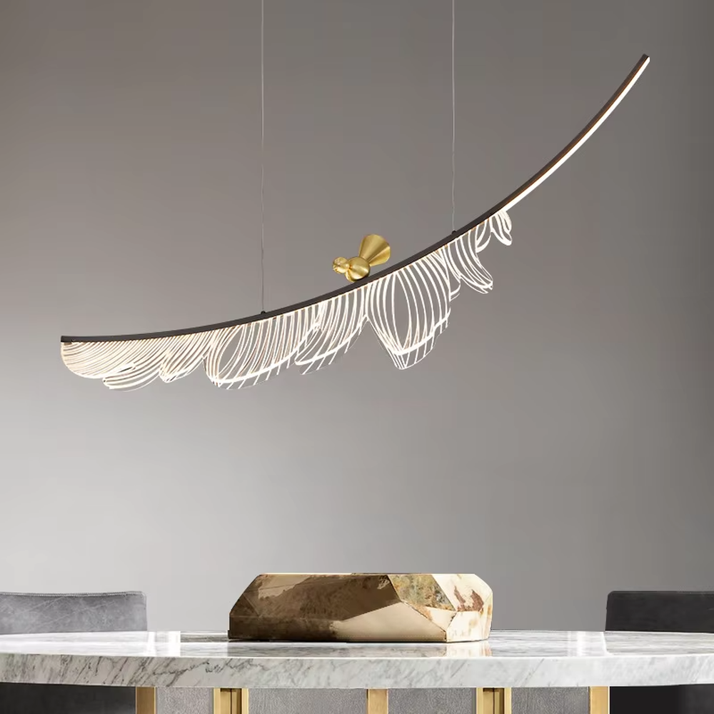 This is a light luxury art-style feather-shaped chandelier, with a black curved metal frame supporting a white light-transmitting feather-shaped lamp body, accented with gold decorations, presenting a dynamic and elegant visual effect, with both decorative and lighting functions, ideal for high-end indoor spaces such as dining rooms and living rooms.