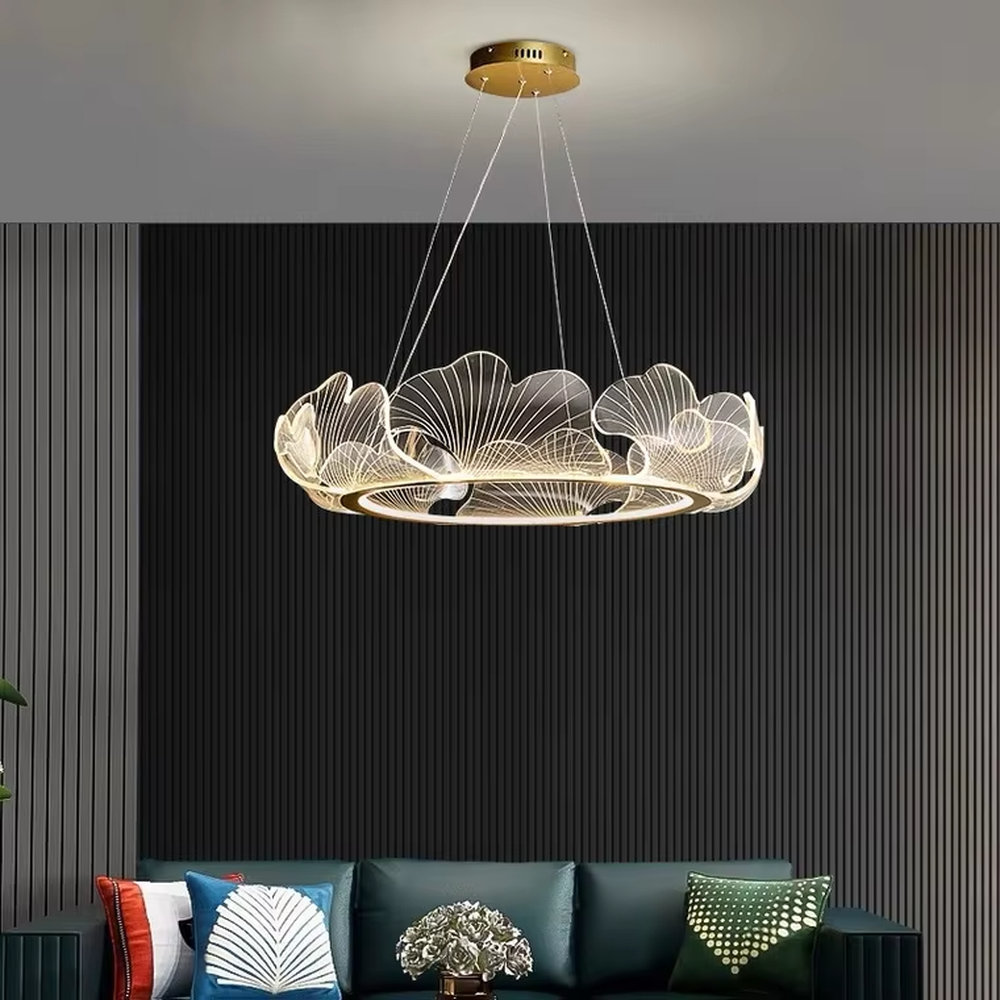 A new Chinese light luxury style ring chandelier, inspired by ginkgo leaves, crafted with a metal frame and translucent ginkgo leaf-shaped panels. It emits a soft and warm glow when lit, combining artistic decoration with lighting functionality, ideal for creating an elegant and poetic space atmosphere.