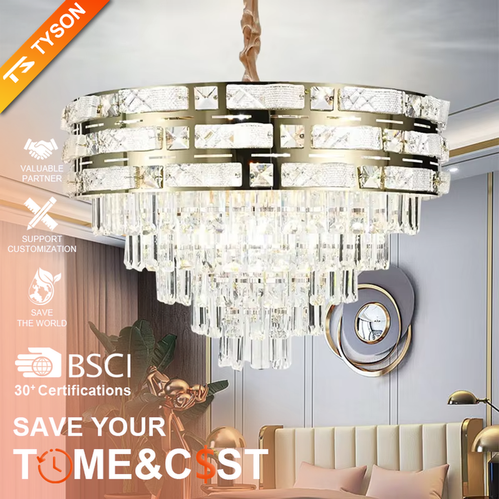 This is a luxurious multi-layer round crystal chandelier, with a gold metal frame inlaid with cut crystal decorations and cascading crystal strips hanging below, featuring brilliant and soft light, both decorative and lighting functions, ideal for high-end indoor spaces such as living rooms and dining rooms.