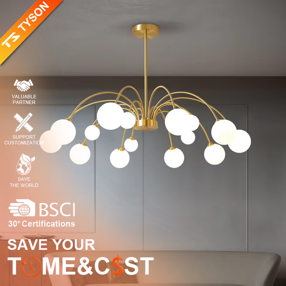 A modern light luxury style firefly chandelier, featuring a gold metal curved branch frame paired with multiple milky white glass glowing spheres of varying sizes, shaped like a blooming dandelion or flying fireflies. It emits a soft and uniform glow when lit, combining decorative appeal with practical illumination, ideal for creating a romantic and dynamic space atmosphere.