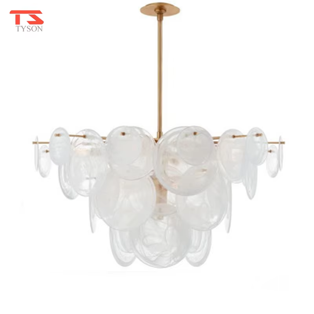 Modern light luxury gradient glass sheet chandelier, with a golden metal frame paired with transparent and gradient gray round glass sheets, stacked into a transparent and gorgeous bubble shape, combining decorative and lighting functions, suitable for dining rooms, living rooms, high-end clubs and other light luxury style spaces.