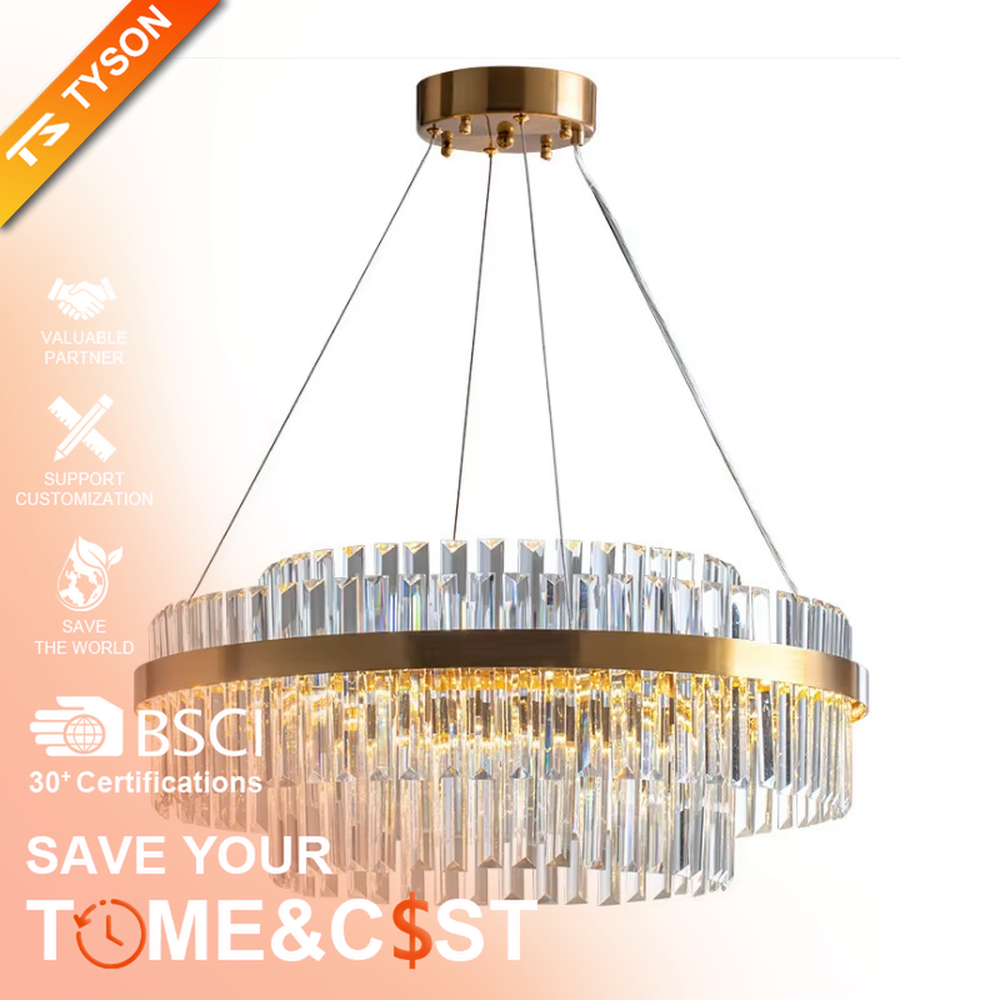 A modern light luxury style circular double-layer crystal chandelier, featuring a gold metal frame paired with multiple layers of long cut crystal strips. It emits a brilliant and soft glow when lit, combining decorative appeal with practical illumination, ideal for creating a luxurious and high-end space atmosphere.