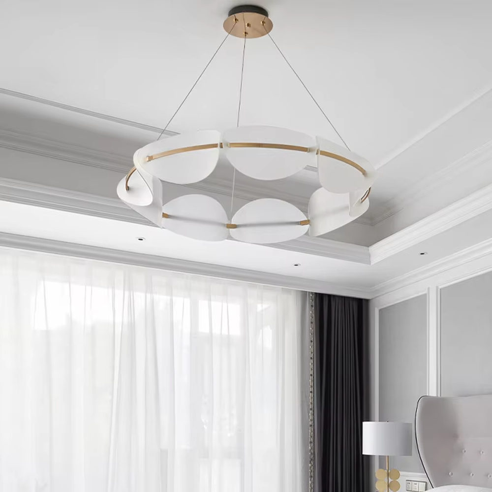 A modern light luxury style circular petal chandelier, featuring a double-layer milky white frosted acrylic main body with gold metal strip decorations and built-in LED strips. It emits a soft and warm glow when lit, combining decorative appeal with practical illumination, ideal for creating an elegant and gentle space atmosphere.
