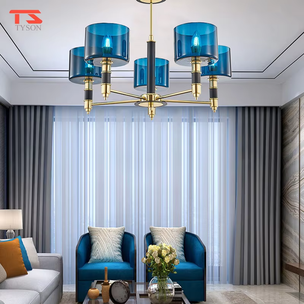 Modern light luxury black-gold contrasting chandelier, with a golden metal frame paired with black decorations and blue transparent glass lampshades, featuring a minimalist and elegant shape, combining decorative and lighting functions, suitable for living rooms, dining rooms, high-end clubs and other modern style spaces.